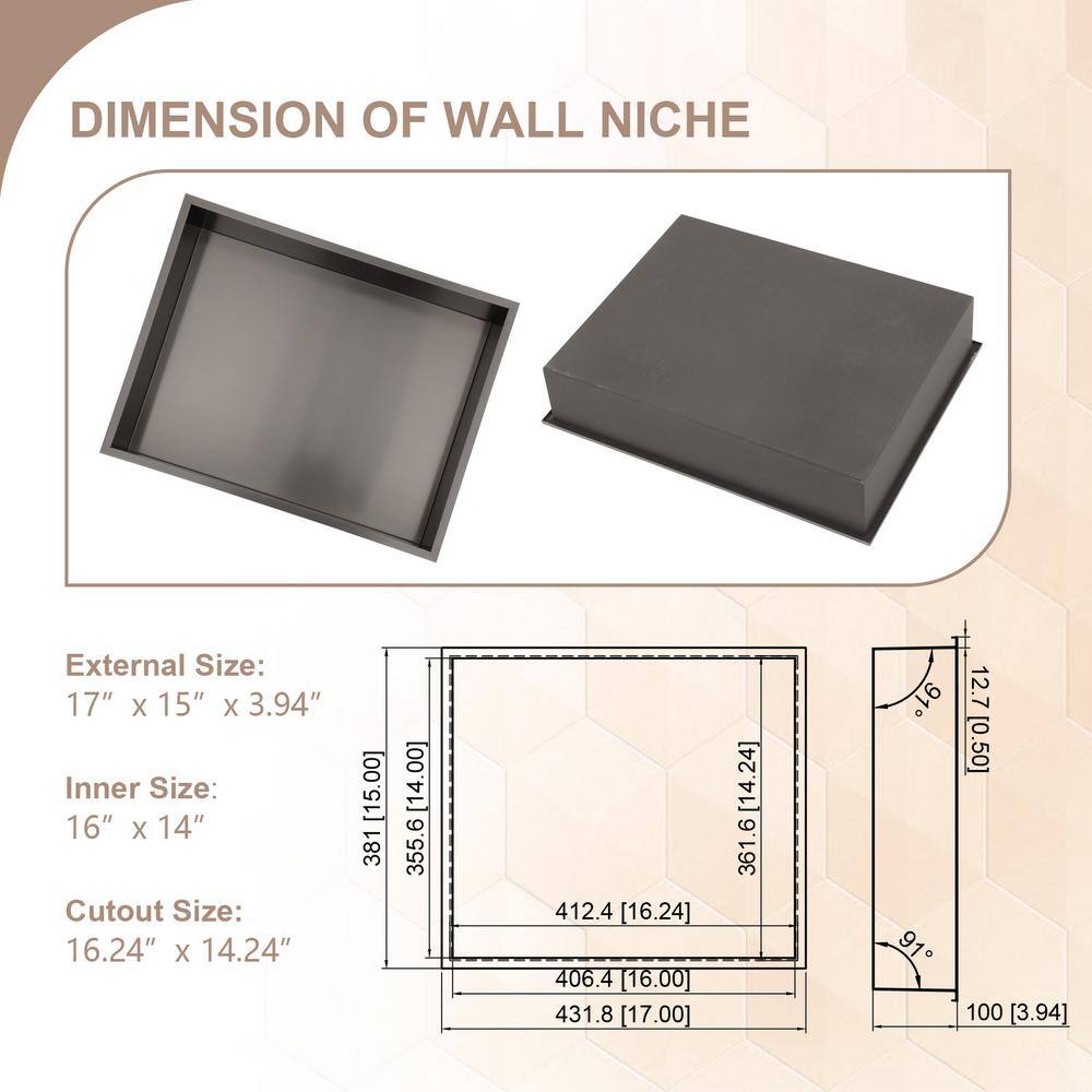17" x 15" Black Stainless Steel Rectangular Shower Niche