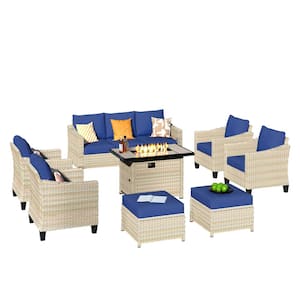 Oconee Beige 8-Piece Modern Outdoor Patio Conversation Sofa Set with a Rectangle Fire Pit and Navy Blue Cushions