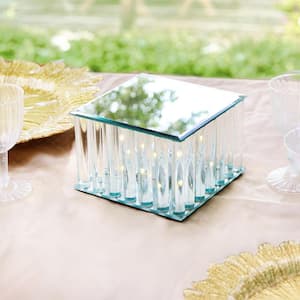 1-Tier Clear Square Mirror LED Fairy Light Up Glass Columns Cake Stand Dessert Display Tray 6 in.