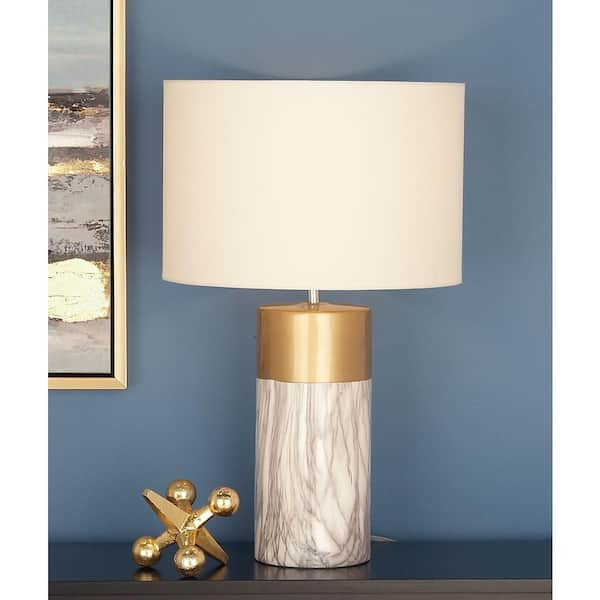 CosmoLiving by Cosmopolitan 25 in. White Ceramic Faux Marble Task and Reading Table Lamp with Gold Accent