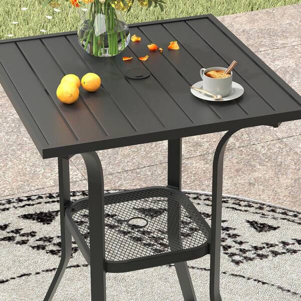 28 square patio table with umbrella hole Black 28 in. Square Metal Outdoor Dining Table with Umbrella Hole and  Storage Shelf, Patio Bar Table for Garden Lawn aa-214