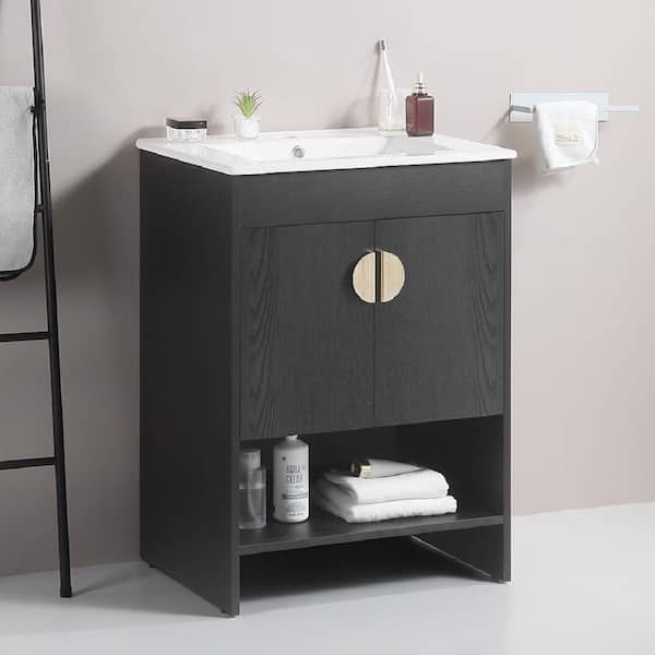 Nivencai 24 in. W x 18 in. D x 32 in. H Single Sink Freestanding Bath Vanity in Black with White Ceramic Top