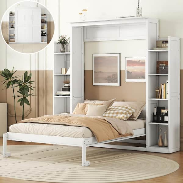 Harper & Bright Designs White Wood Frame Full Size Murphy Bed Wall Bed ...