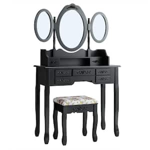 Vanity Makeup Set with 7-Drawer Tri-Folding Mirror Dressing Table and Stool Set Black
