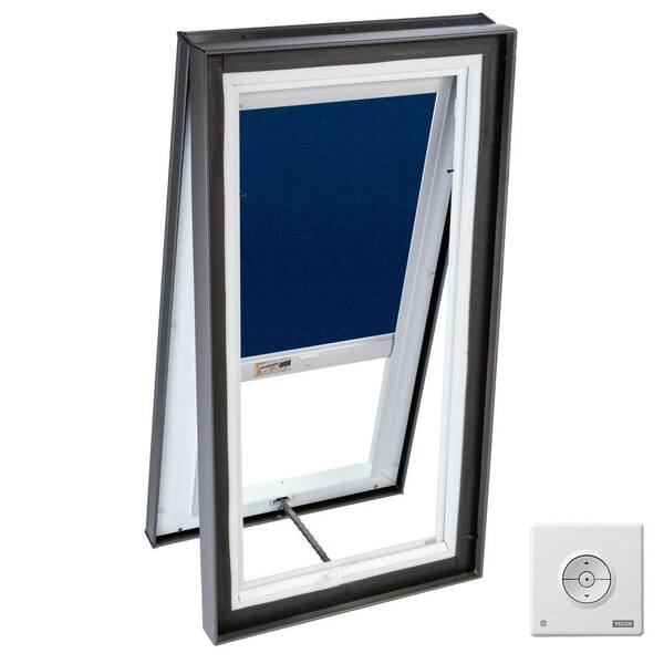 VELUX 22.5 x 22.5 in. Venting Manual Curb-Mount Skylight with Tempered Glazing, Dark Blue Solar Blackout Blinds-DISCONTINUED