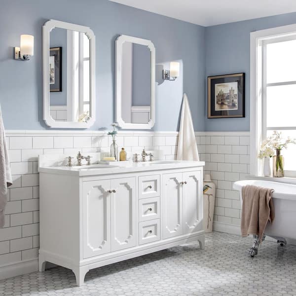 Queen 60 in. Bath Vanity in Pure White with Quartz Carrara Vanity Top with Ceramics White Basins and Faucet
