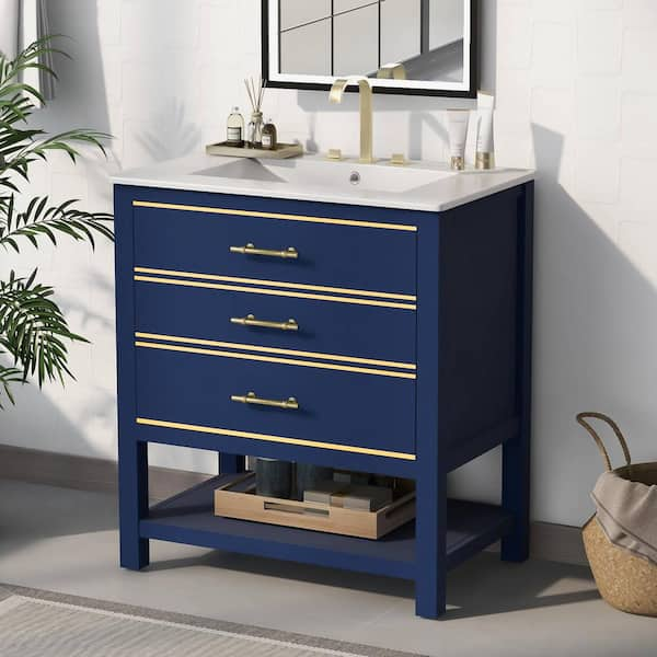 30 in. W x 18 in. D x 34 in. H Single Sink Bathroom Vanity in Navy Blue With White Ceramic Top