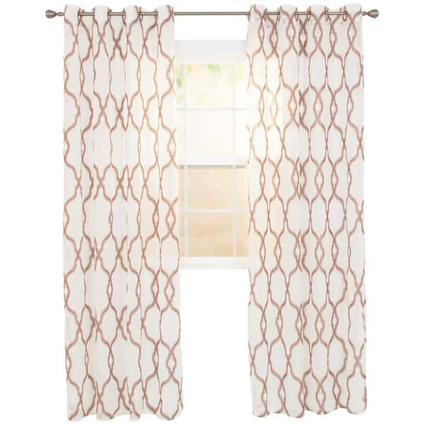 Lavish Home Beige Trellis Embroidered Grommet Sheer Curtain - 54 in. W x 95 in. L (Set of 2)