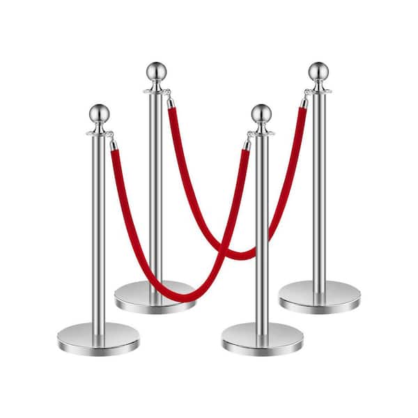Stanchions and Velvet Ropes 4 Pcs, Hollow Base with Stainless Steel Post, 2 Red Velvet Ropes and Posts