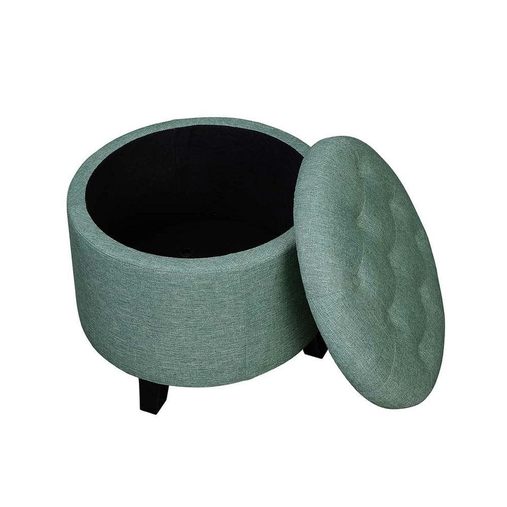 Green Tufted Round Storage Ottoman with Rubberwood Legs