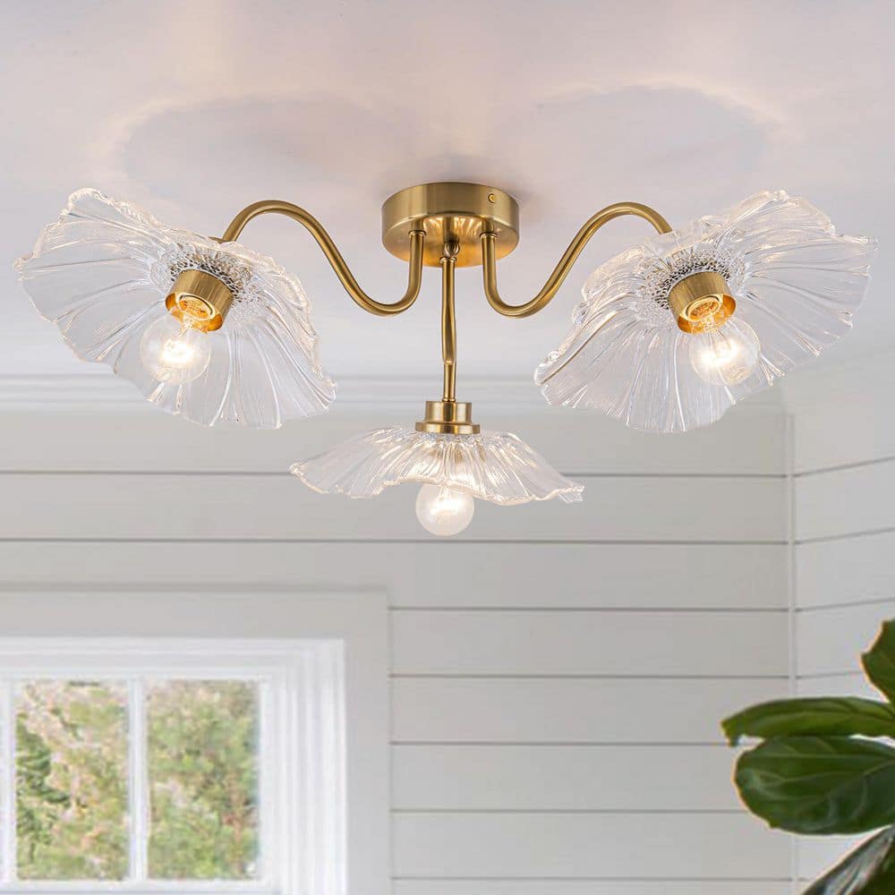 29 in. 3-Light Cluster Antique Gold Semi-Flush Mount Ceiling Light with Clear Glass Shade for Bedroom price history on PriceWatchPro