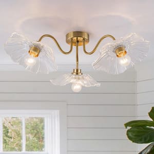 29 in. 3-Light Cluster Antique Gold Semi-Flush Mount Ceiling Light with Clear Glass Shade for Bedroom