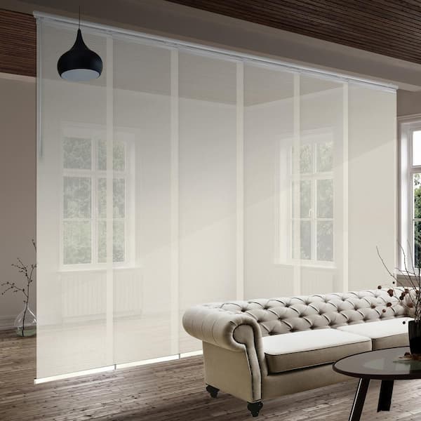 EMOH Ivory Mesh 70 in. - 130 in. W x 94 in. L Adjustable 6-Panel in White Single Rail Panel Track with 23.5 in. Slates