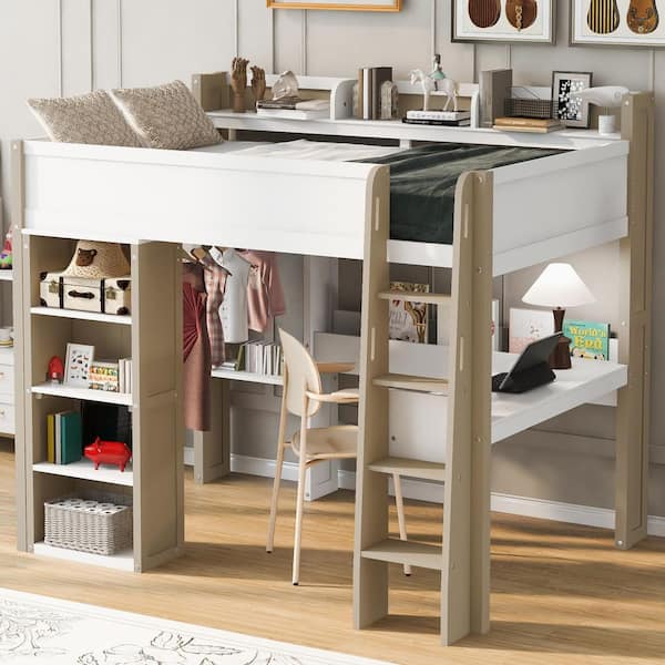 Winona White+Naturel Full Size Loft Bed with Built-in Storage Shelves, Clothes Rails, Desk