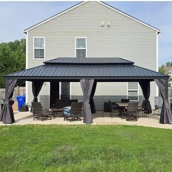 12 ft. x 26 ft. Gray Aluminum Power-Coated Frame Galvanized Steel Double Roof Hardtop Gazebo,Hooks, Netting,Gray Curtain