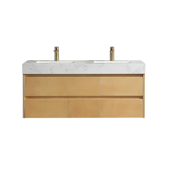 Lonni 48 in. W X 20.7 in. D X 21.3 in. H Double Sink Natural Maple Floating Bath Vanity in Brown with White Marble Top