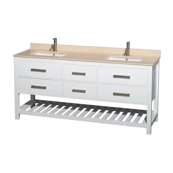 Wyndham Collection Natalie 72 in. Double Vanity in White with Marble Vanity Top in Ivory and Under-Mount Square Sinks