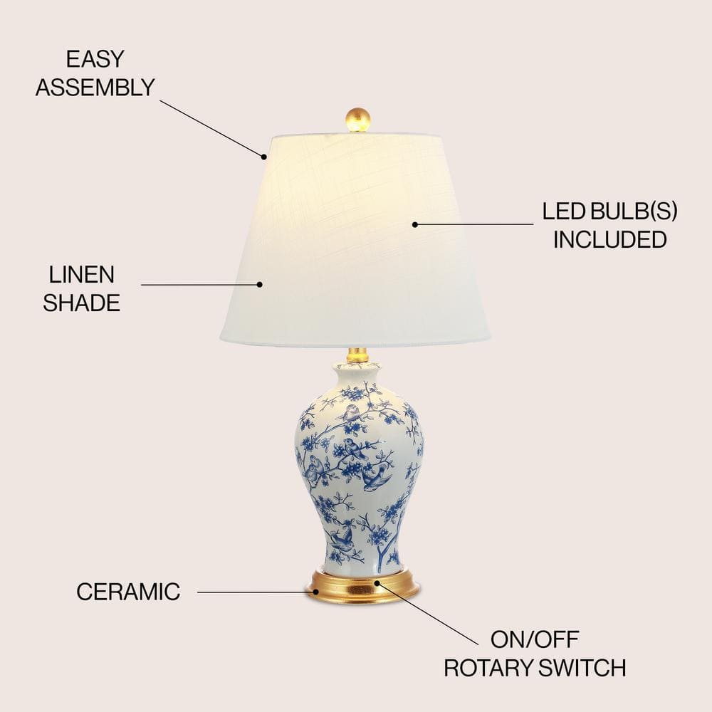 Grace 24" Blue and White Floral Ceramic Table Lamp with Brass Accents