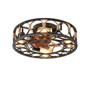 20 in. 4-Light indoor Wood Grain Farmhouse Caged Low Profile Ceiling Fan Flush Mount Remote Control with Bulbs Included