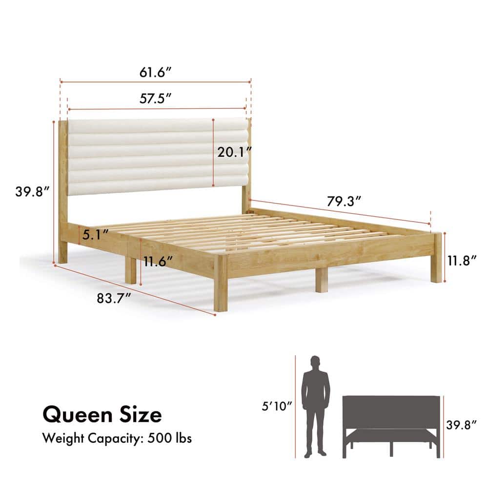 Natural Queen Platform Bed with Boucle Upholstered Headboard