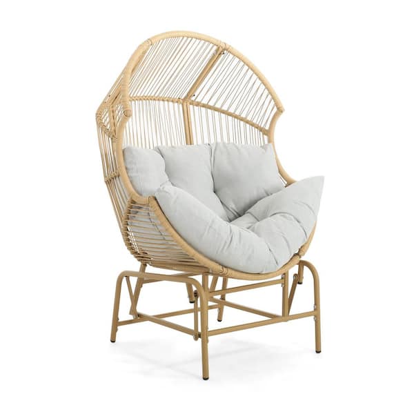 Oversized Wicker Indoor Outdoor Egg Glider Chair, Lounge Chair with Light Gray Cushion, 400 lb. Capacity