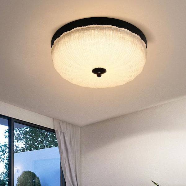 Sturdy 11.8 in. 80 Watt Modern Black Remote Dimming LED Flush Mount Ceiling Light with Clear Petal Glass Shade Bedrooms