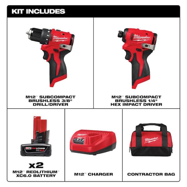 M12 12-Volt Lithium-Ion Brushless Cordless Subcompact Drill and Impact Driver Combo Kit w/2 Batteries and Bag (2-Tool)