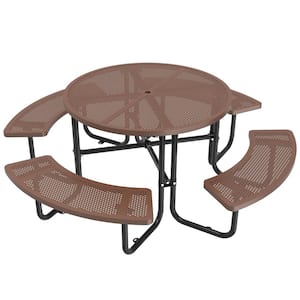 46 in. Brown Round Outdoor Steel Picnic Table Seats 8-People with Umbrella Hole