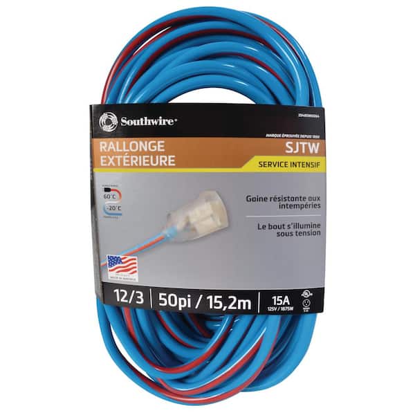 Southwire 50 ft. 12/3 SJTW Hi-Visbility Multi-Color Outdoor Heavy-Duty Extension Cord with Power Light Plug