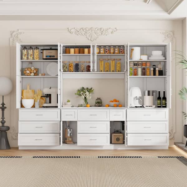 White 78.7 in. Office Storage Cabinet with 13 Shelves and 11 Drawers,Glass-Front Top Doors and Full Wall Bookcase Design