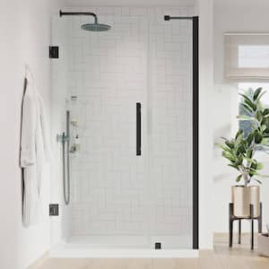 Tampa-Pro 40in. L x 32in. W x 75in. H Alcove Shower Kit w/Pivot Frameless Shower Door in Black w/Shelves and Shower Pan