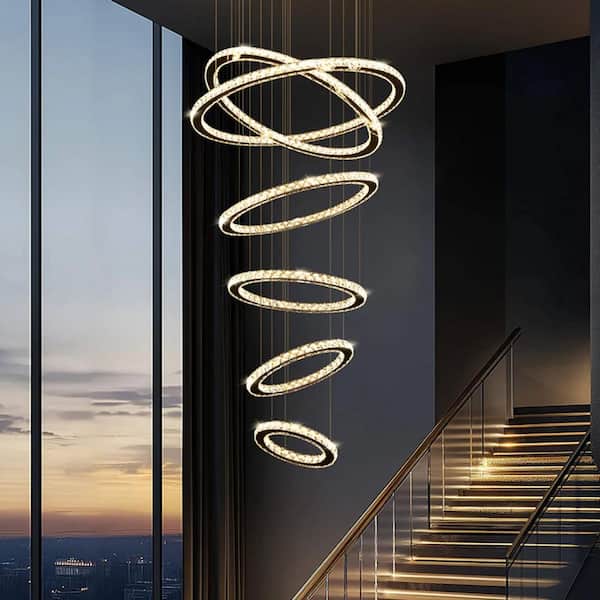 6-Ring Modern Metal Silver Spiral Crystal Ring Chandelier for Living Room