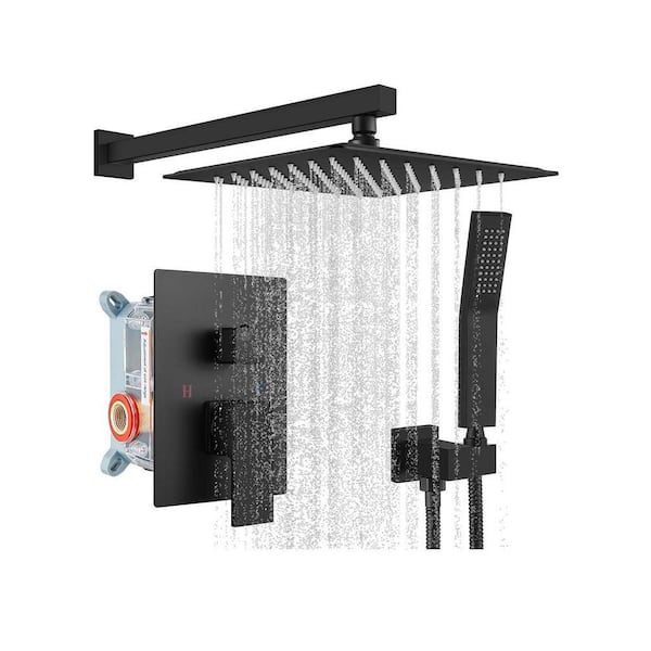 2-Piece Rainfall Bathroom Shower System with 10 Inch Rain Shower Head, Handle Set, Mixer Valve, Hose in Matte Black