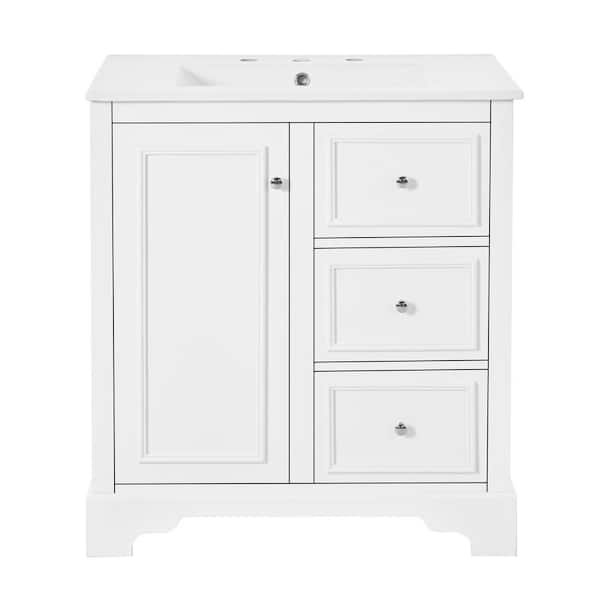 Zeus & Ruta 30 in. W x 18.5 in. D x 33.7 in. H Single Sink Bath Vanity in White with White Ceramic Top and 3-Drawers
