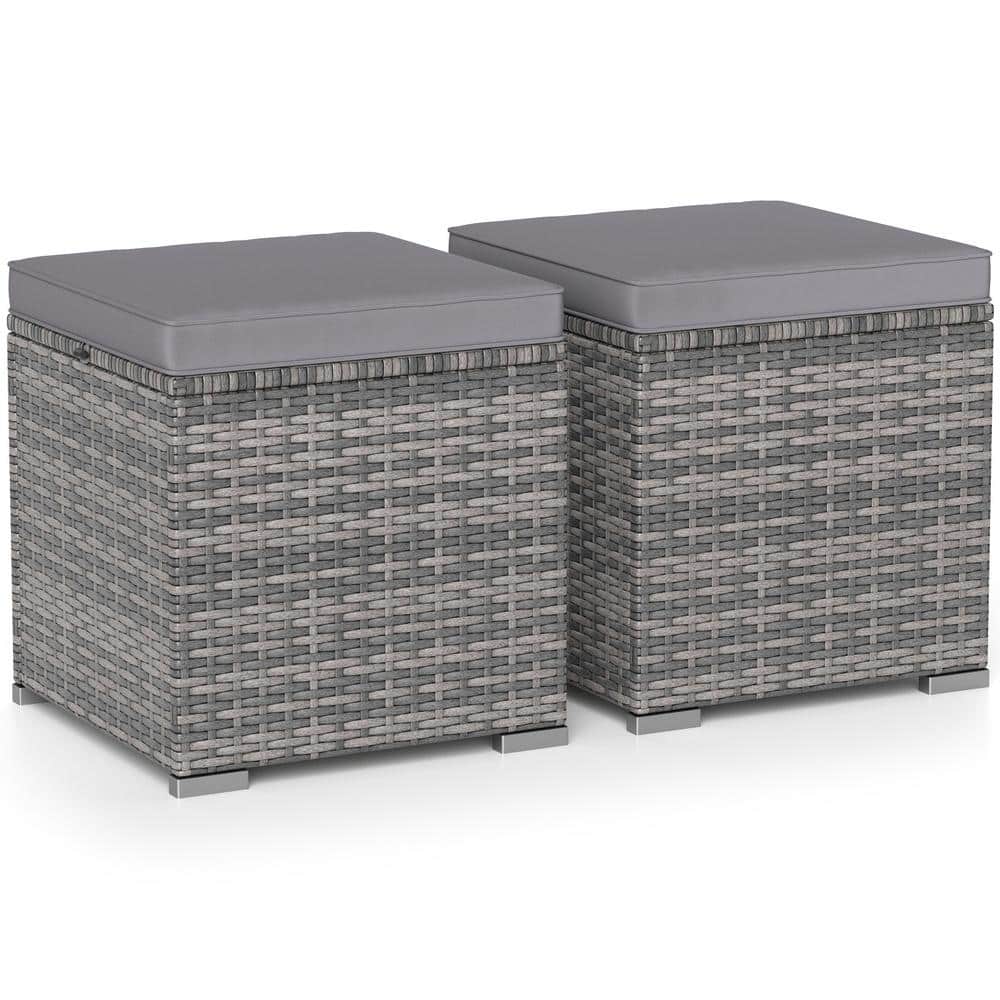 2-Pack Hidden-Storage Patio Ottoman 350 lb. Capacity with Horn-Button Cushion and Hand-Woven Rattan
