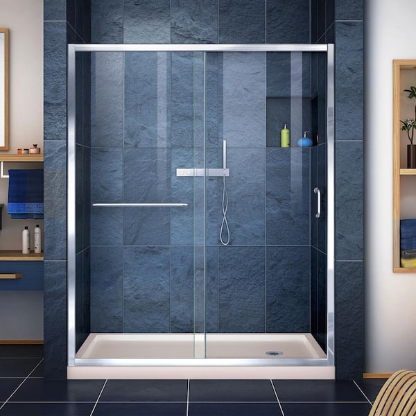 DreamLine Infinity-Z 32 in. x 60 in. Semi-Frameless Sliding Shower Door in Chrome with Right Drain Shower Pan Base in Biscuit