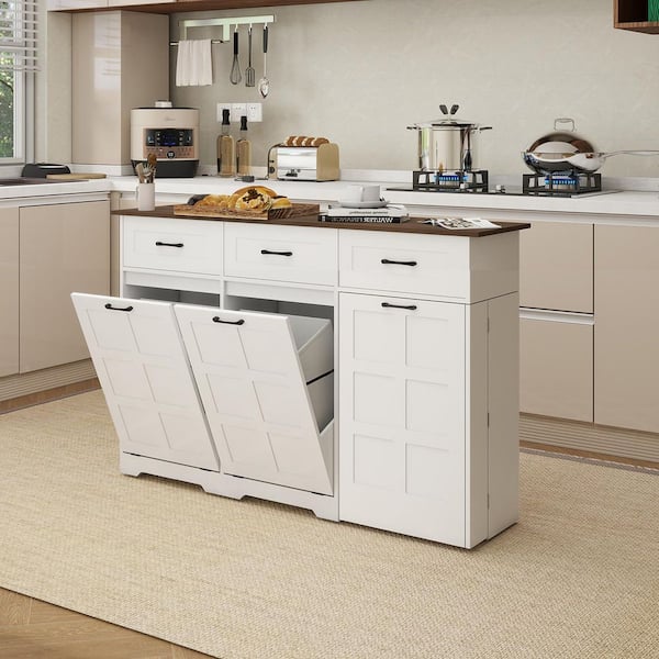 White/Brown Wood Top 58 in. W Kitchen Island Dining Table with Adjustable Shelves and Drawer