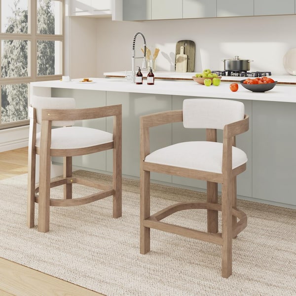 Corlas 26 in. Medieval Modern Upholstered Rubber Wood Counter Stools with Footrest, Natural Plus Beige, (Set of 2)