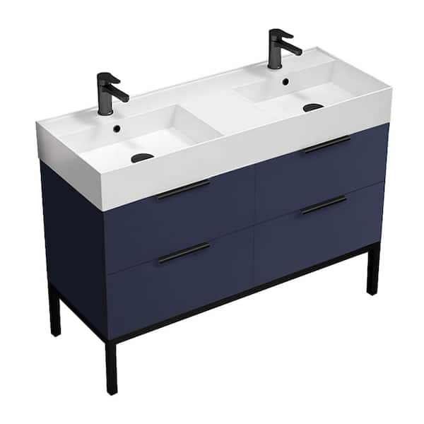 Derin 47.64 in. W x 18.11 in. D x 34.65 in. H Double Floor Standing Bath Vanity in Navy Blue with White Ceramic Top