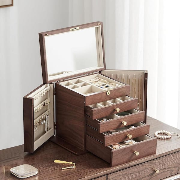 5 Layer Brown Rectangular Wood Jewelry Box with 2 Side Doors