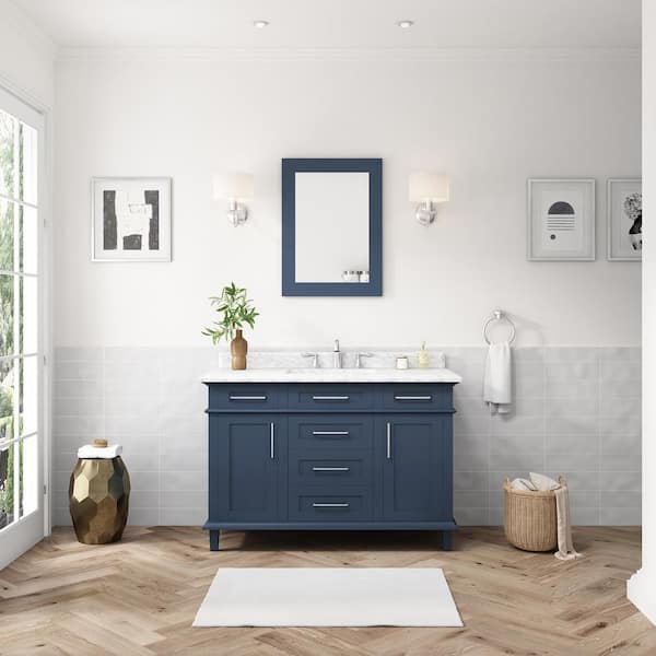 Home Decorators Collection Sonoma 36 in. W x 22 in. D x 34.50 in. H Bath Vanity in Midnight Blue with Carrara Marble Top