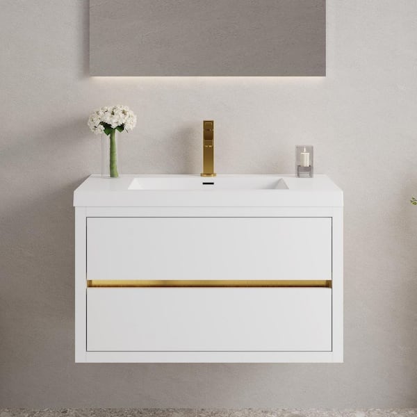 36 in. Single Sink Floating White Bath Vanity with White Resin Top (Assembled), Stone Resin Countertop, Water-Resistant