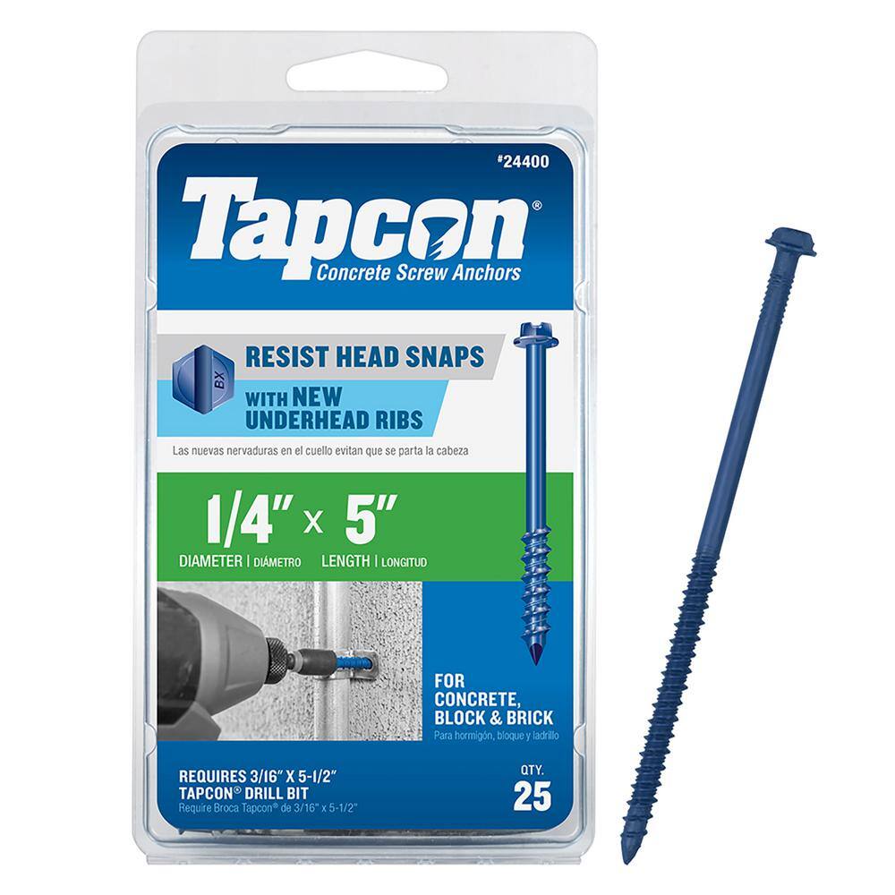 Tapcon 1 4 In X 5 In Hex Washer Head Concrete Anchors 25 Pack The Home Depot