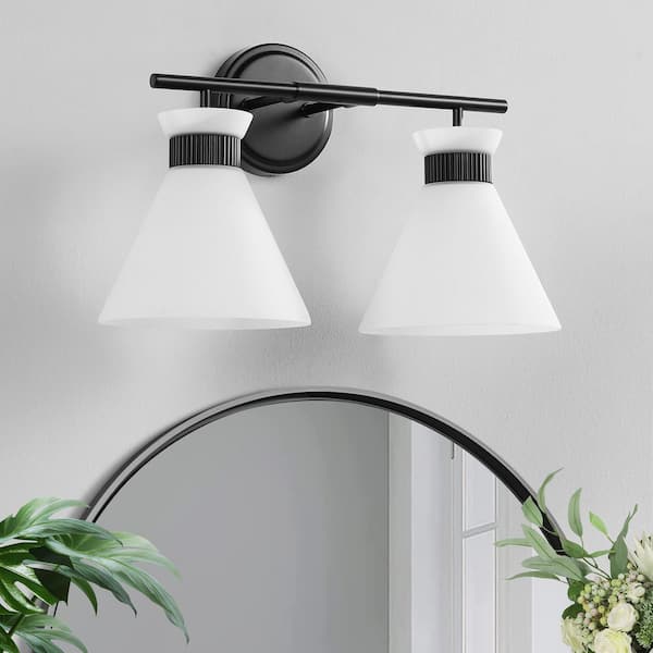 17 in. 2-Light Black Vanity Light with Milk White Glass Shade Modern Bathroom Light Fixture Farmhouse Wall Sconce