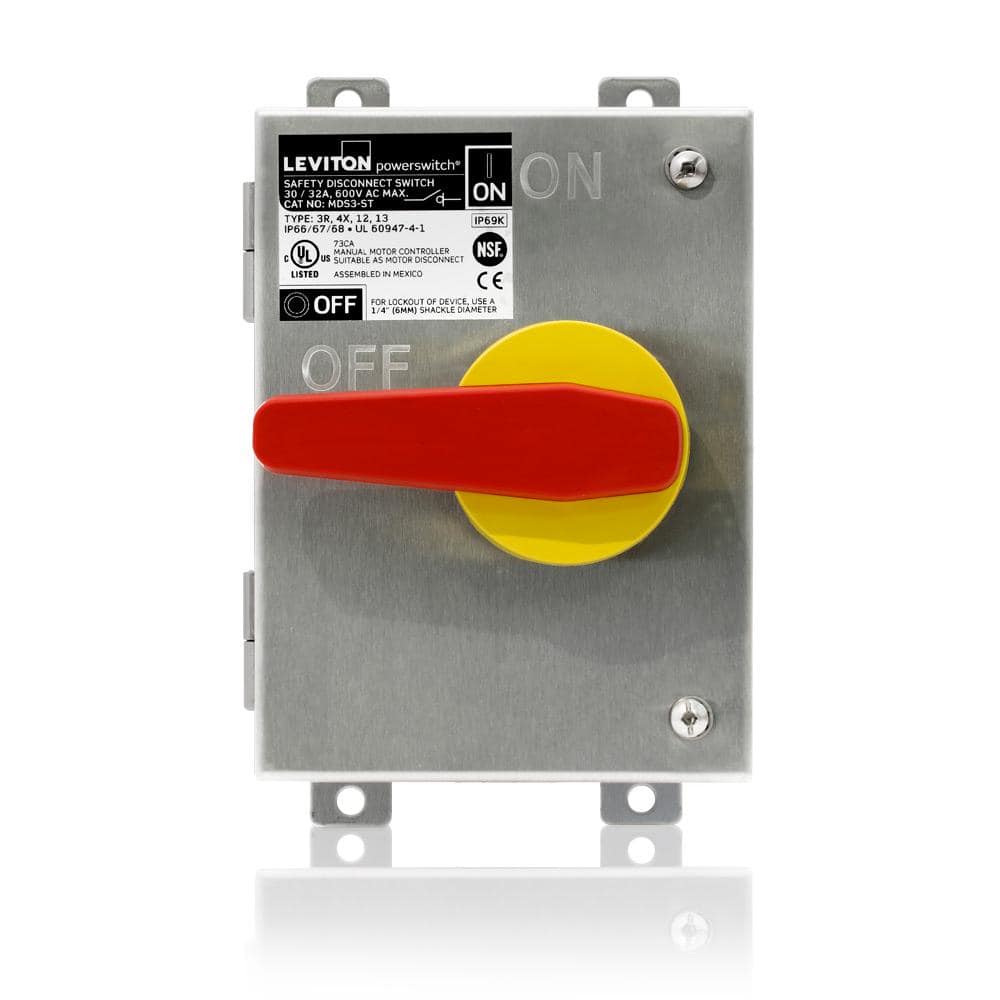30 Amp 600-Volt Type 304 Stainless Steel Non-Fused Powerswitch Safety Disconnect Switch with 15-Degree Slope Top -  Leviton, MDS3-ST