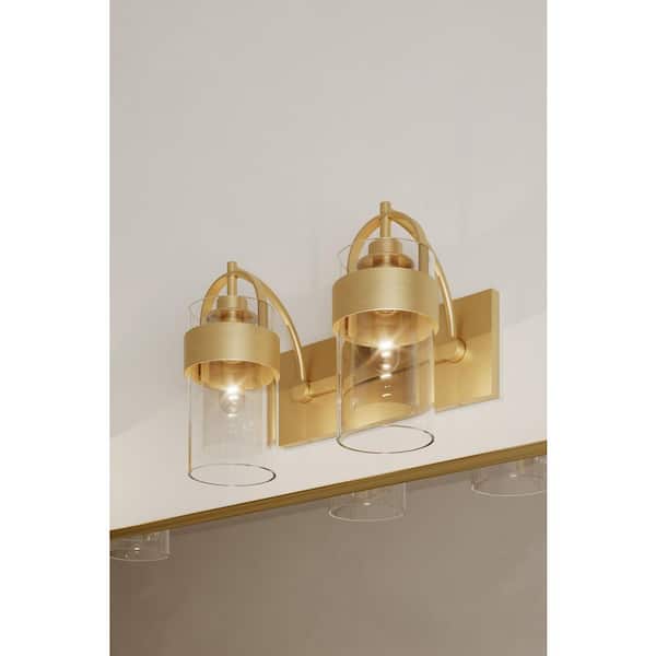 Ravik 14.25 in. 2-Light Legacy Brass Vanity Light with Clear and Grey Shades