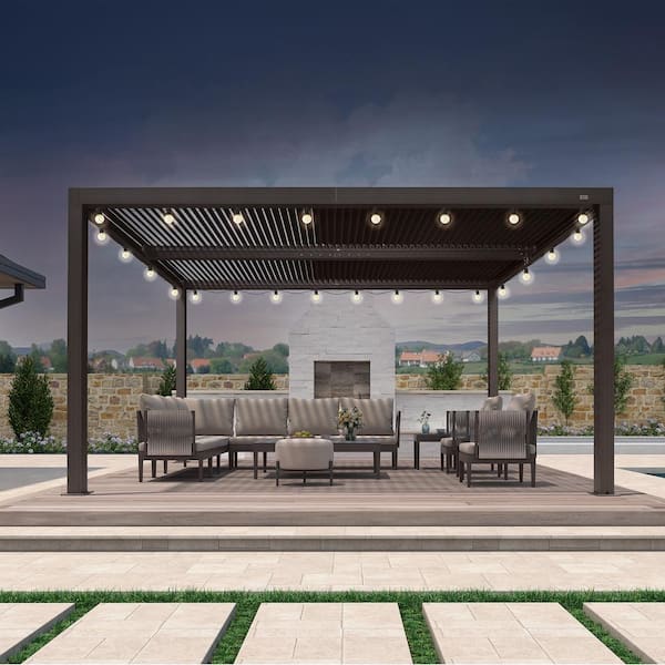 PURPLE LEAF 10 ft. x 14 ft. Bronze Aluminum Frame Outdoor Louvered Pergola with Adjustable Sunshade Roof and Solar String Lights