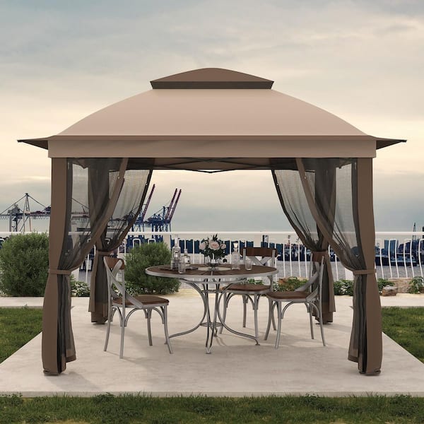 11 ft. x 11 ft. Pro Series Outdoor Instant Canopy Shelter Tent with Mosquito Netting Metal Frame Storage Bag, Beige