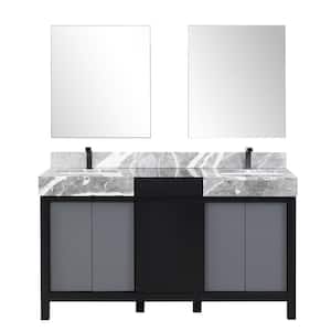 Zilara 60 in x 22 in D Black and Grey Double Bath Vanity, Castle Grey Marble Top, Gun Metal Faucet Set and 28 in Mirrors