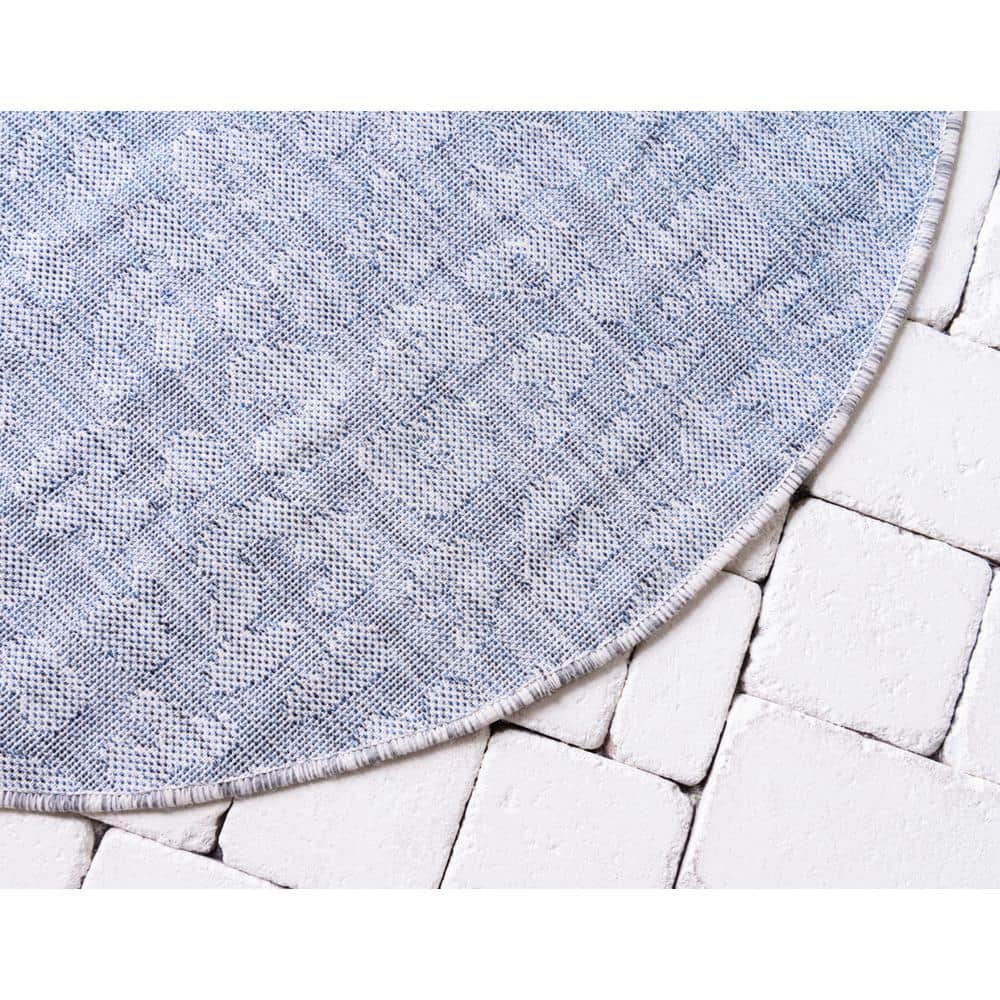 Round Blue Synthetic Outdoor Stain-Resistant Area Rug